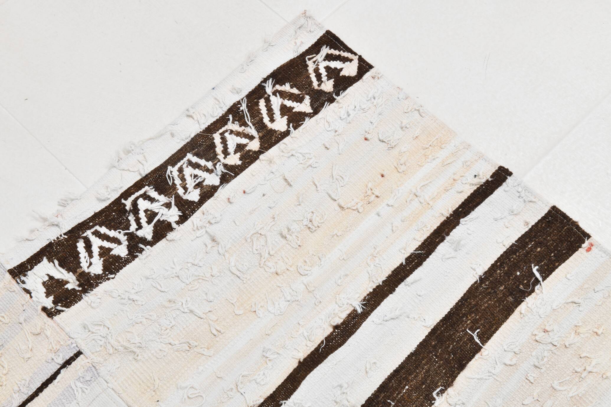 7x9 Brown Cream Striped Handmade Vintage Kilim Rug, 204x279Cm