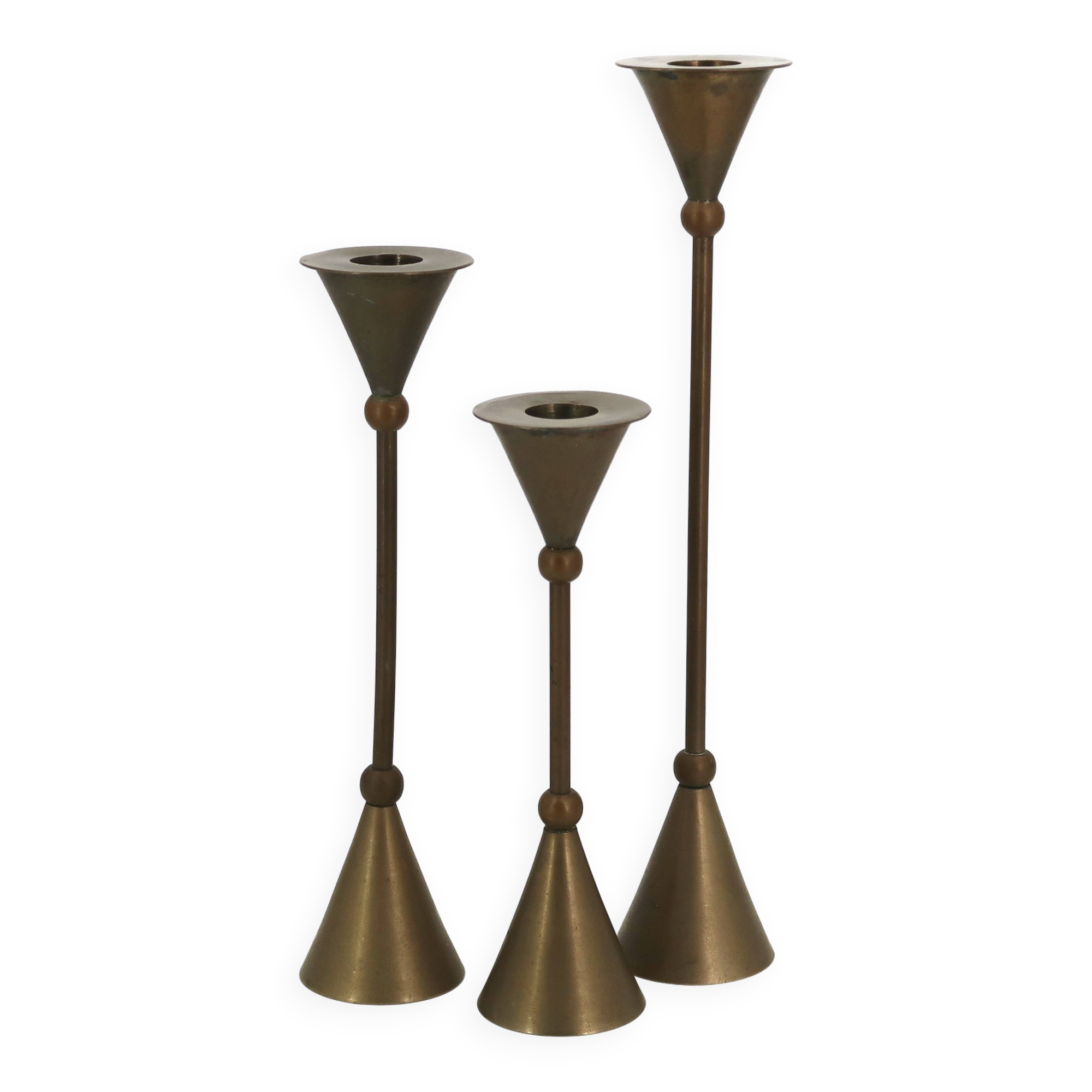 Brass candle holder trio by Christian de Beaumont, 1970s.