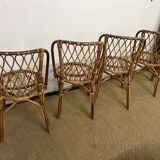 Set of table and 4 chairs in bamboo and rattan, 1960