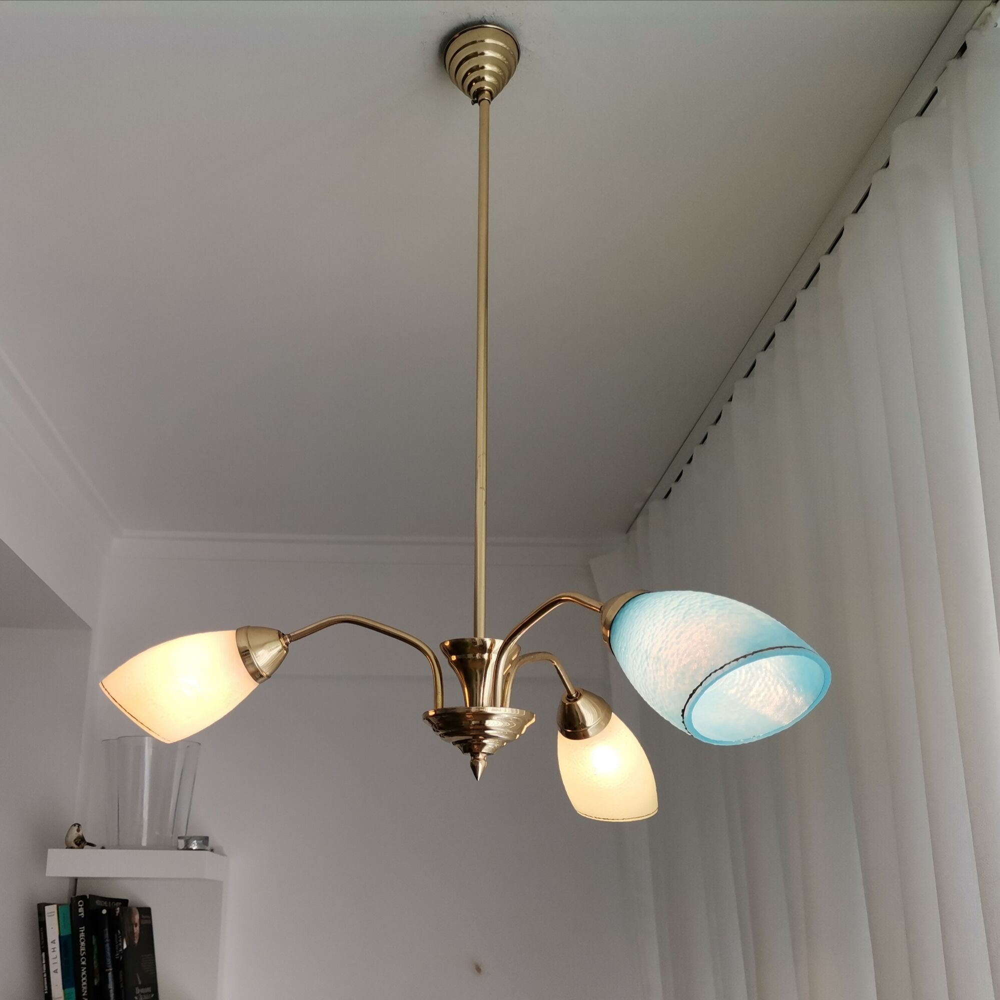 Vintage 1940s gold metal and glass 3 arm Sputnik chandelier