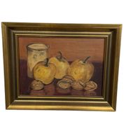 Oil painting on canvas, still life with fruits and pot, nuts, signed, George Cros, signed