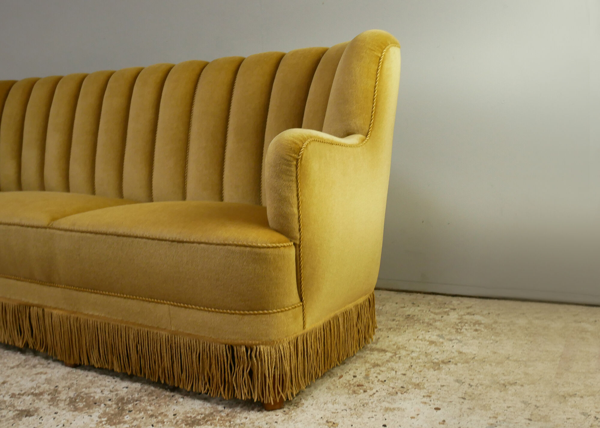 1930’s danish art deco 3 seat yellow velour sofa