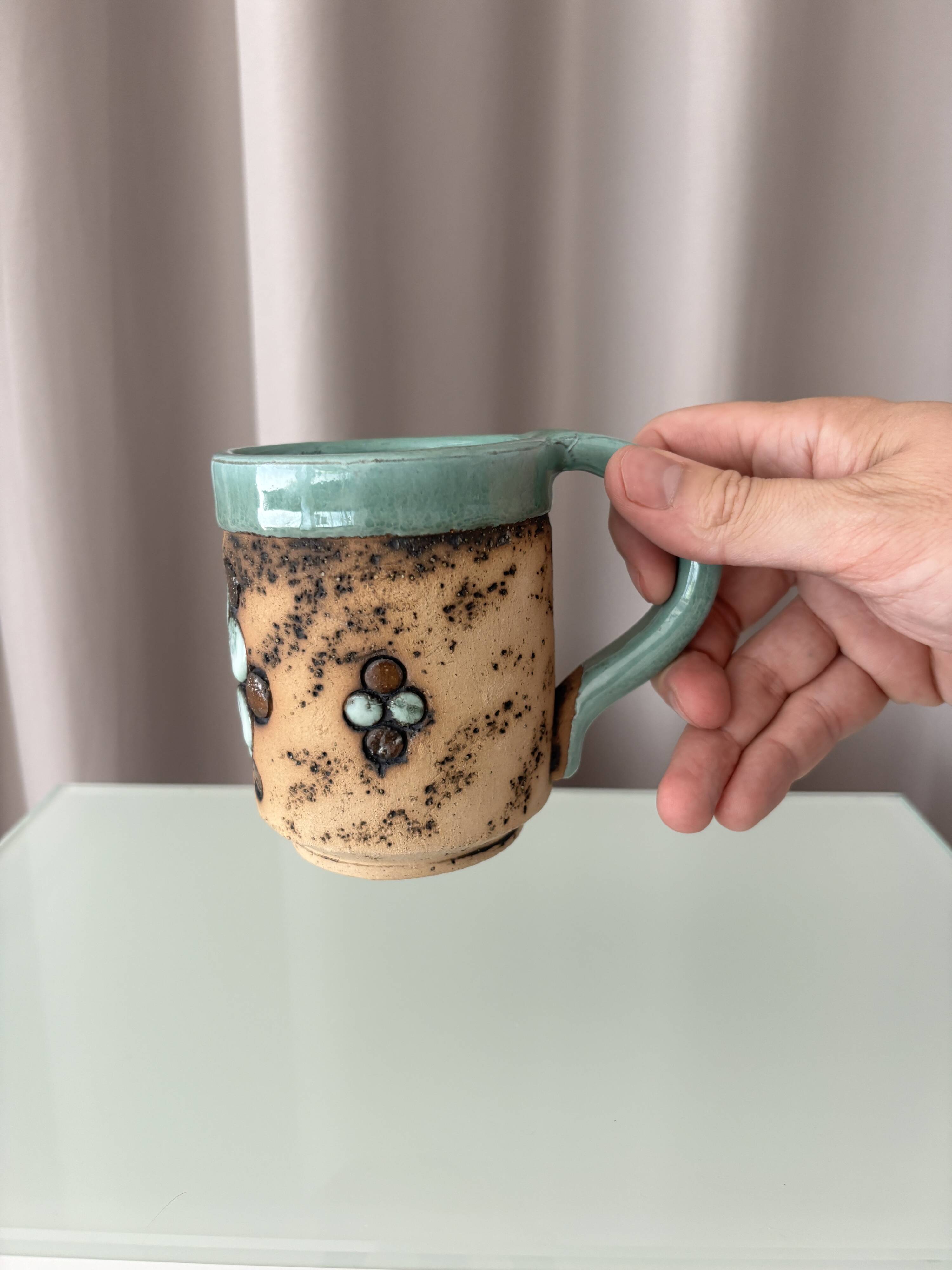 Vintage Handmade Studio Pottery Mug | Brutalist Floral Ceramic | 1970s