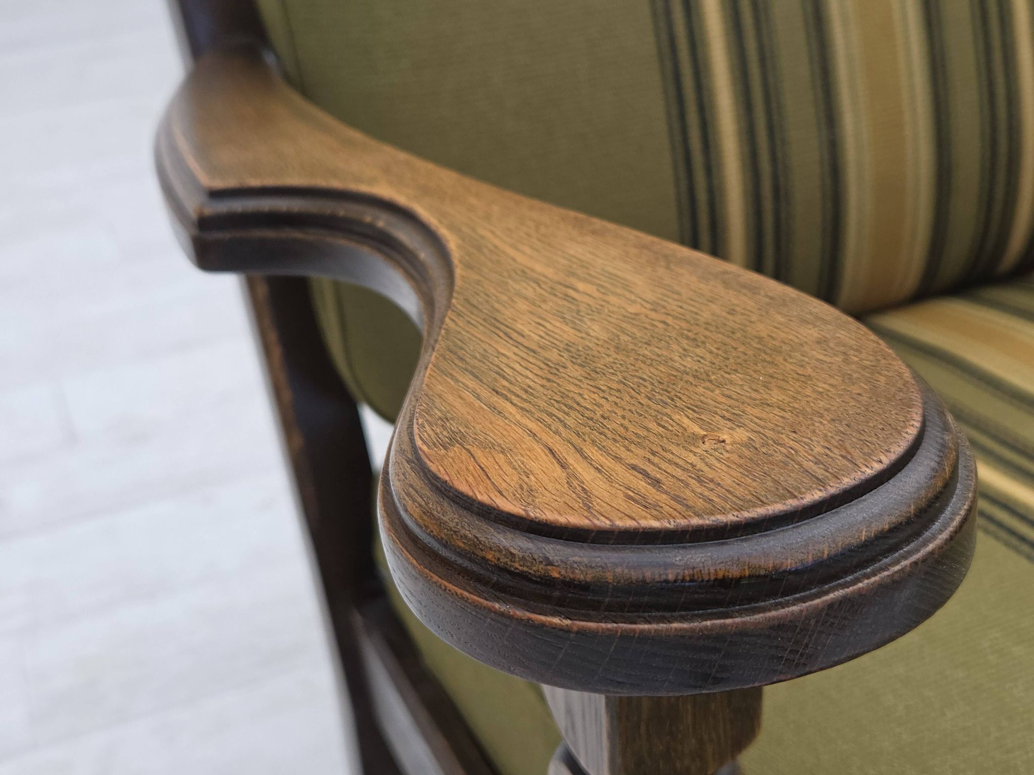1970s, pair of Danish armchairs, original green furniture wool, oak wood.