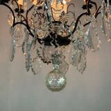 Black patinated bronze cage chandelier decorated with cut crystal pendants circa 1900