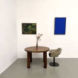 Table ronde moderniste chêne massif, piètement cylindrique pin, DLG Perrian