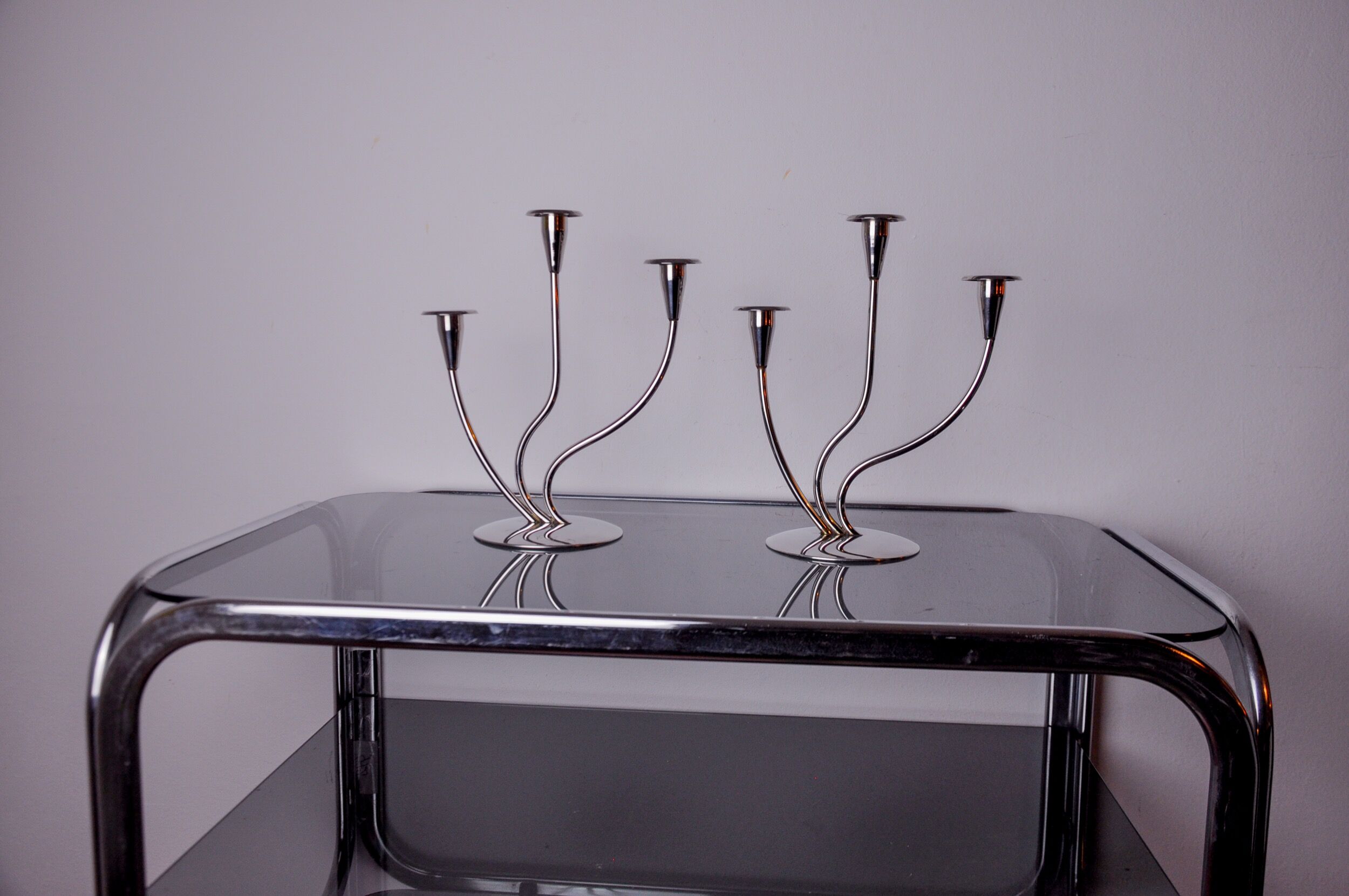 Pair of art deco candlesticks in stainless steel 3 flames, Spain, 1970
