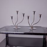 Pair of art deco candlesticks in stainless steel 3 flames, Spain, 1970