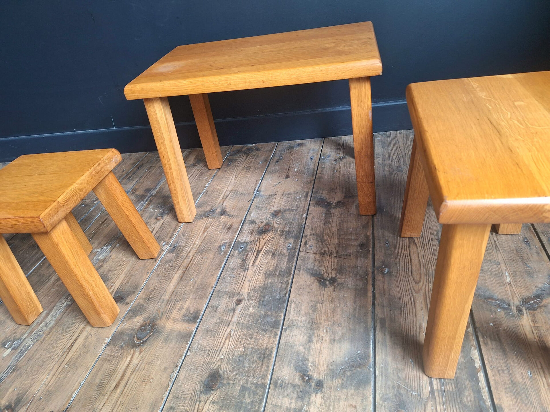 3 nesting tables in vintage elm, brutalist design.