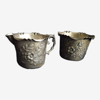Art Nouveau sugar bowl and milk jug in silver metal, Orfèvrerie Wiskemann (Ow)