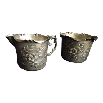 Sucrier et pot à lait art nouveau en métal argenté, Orfèvrerie Wiskemann (Ow)
