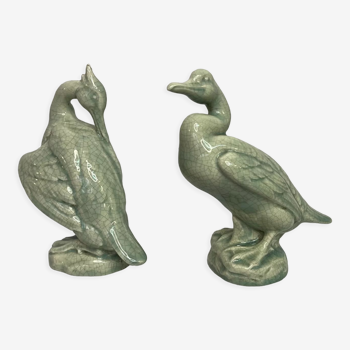 Art Deco Pair cormorants cracked ceramic signed circa 1940
