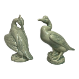 Art Deco Pair cormorants cracked ceramic signed circa 1940