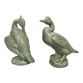 Art Deco Pair cormorants cracked ceramic signed circa 1940