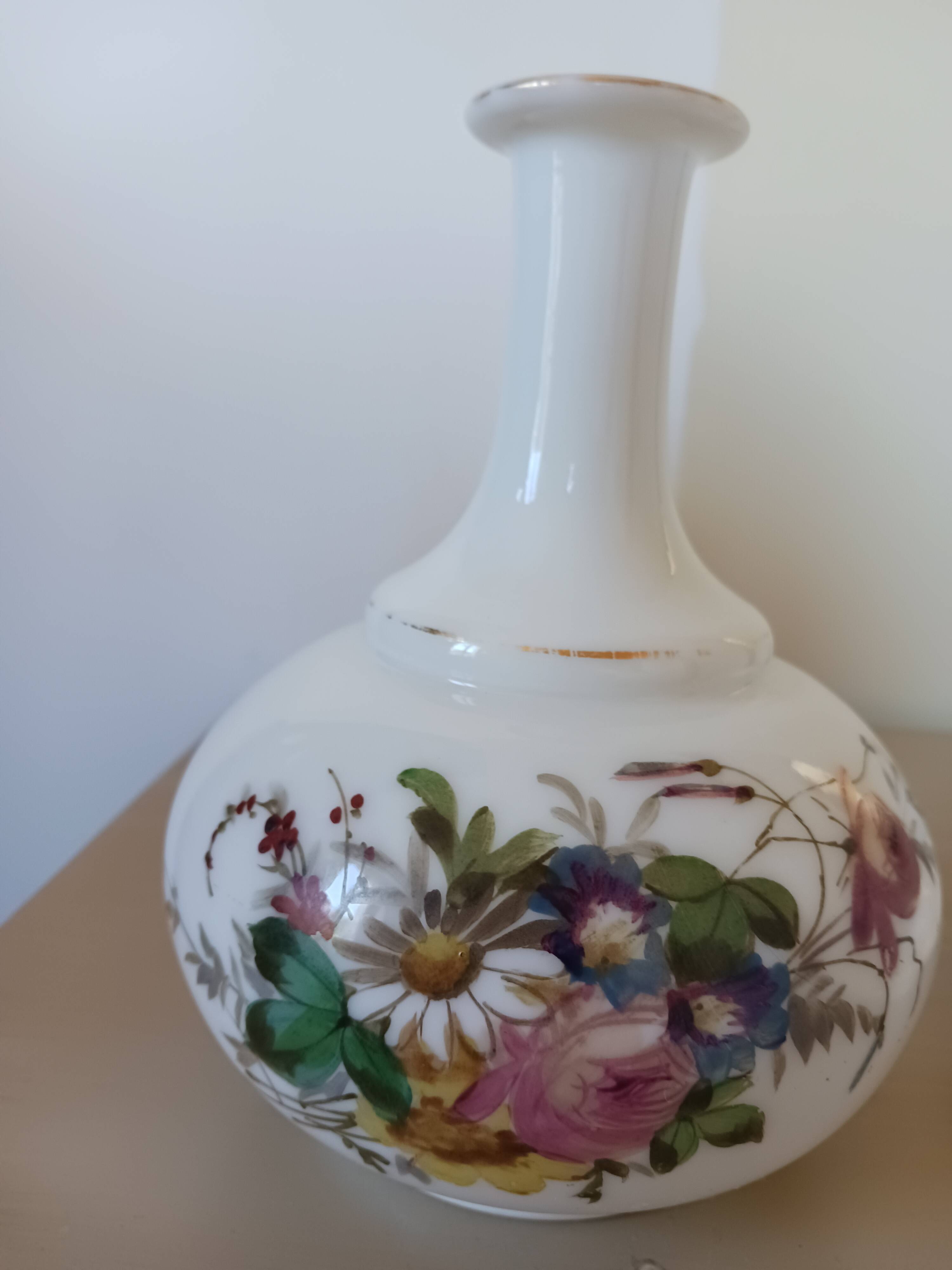 Antique night carafe, in opaline, with its glass and plate.