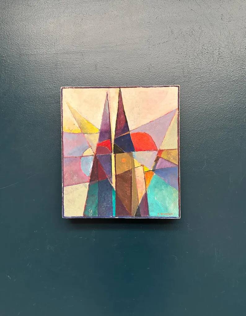 Oil on Swedish panel – 'Geometric Composition' by Stellan Widholm – Signed – vintage and framed – 35 × 32 × 5 cm