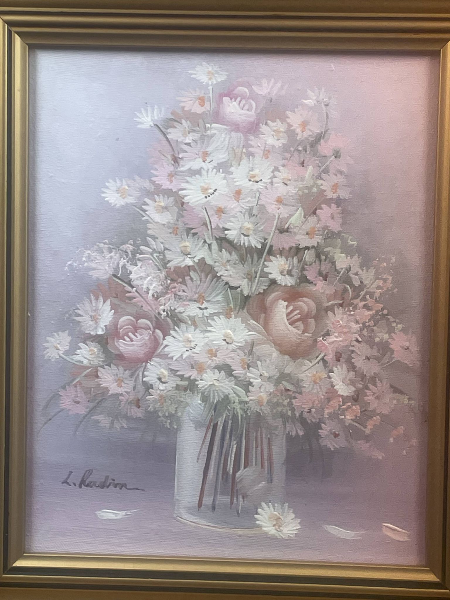 Bouquet of flowers in jar oil on canvas signature to identify