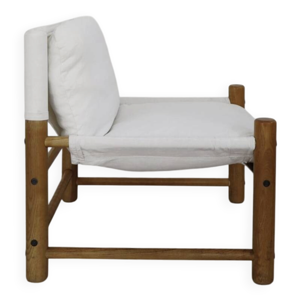 Fauteuil chauffeuse moderniste en bois et toile, Italie 1970