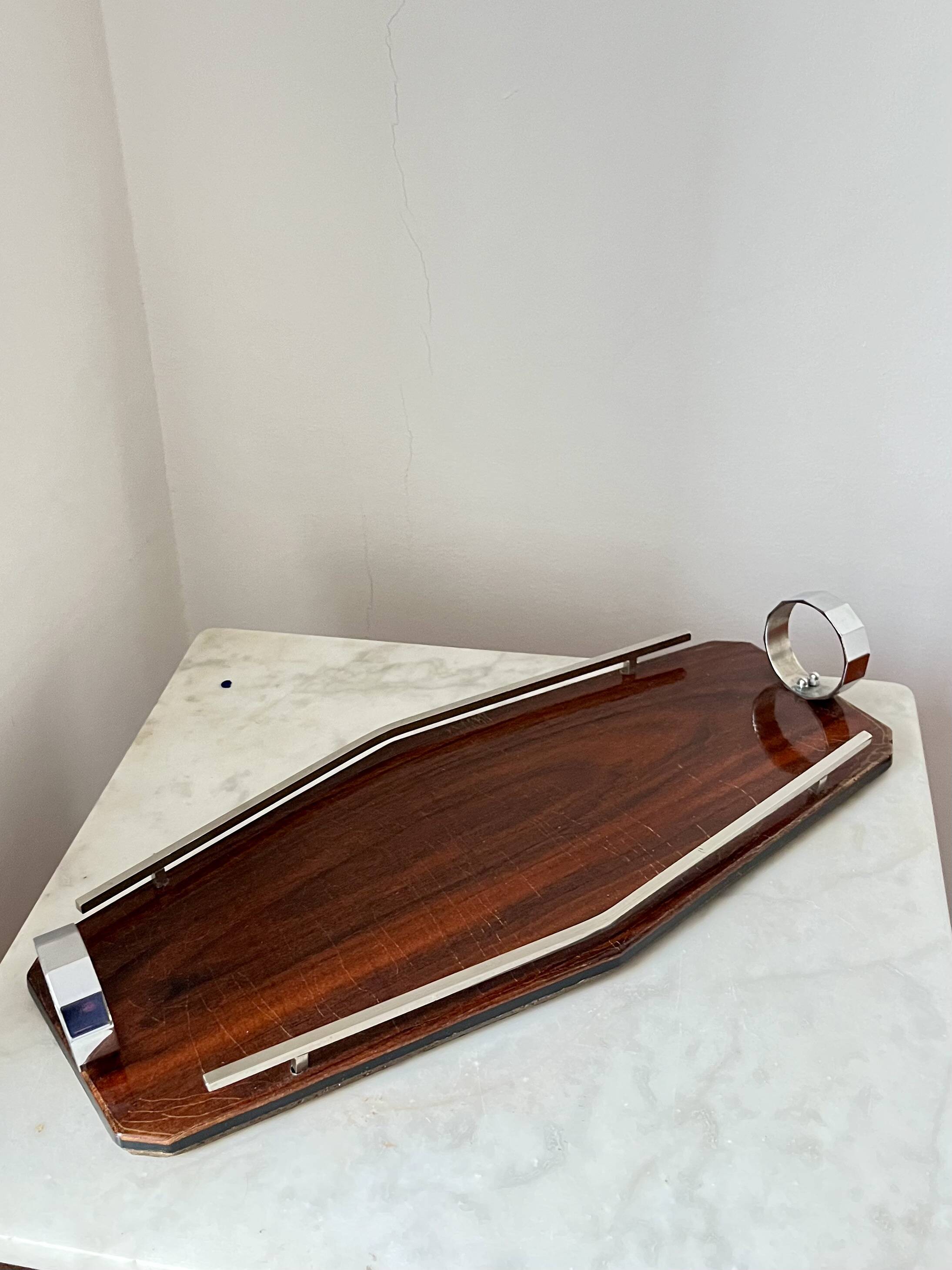 Plateau de service Art déco en bois et chrome – Design géométrique, vintage années 1930