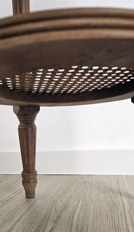 Antique marquetry side table in wood and cane.