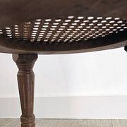 Antique marquetry side table in wood and cane.