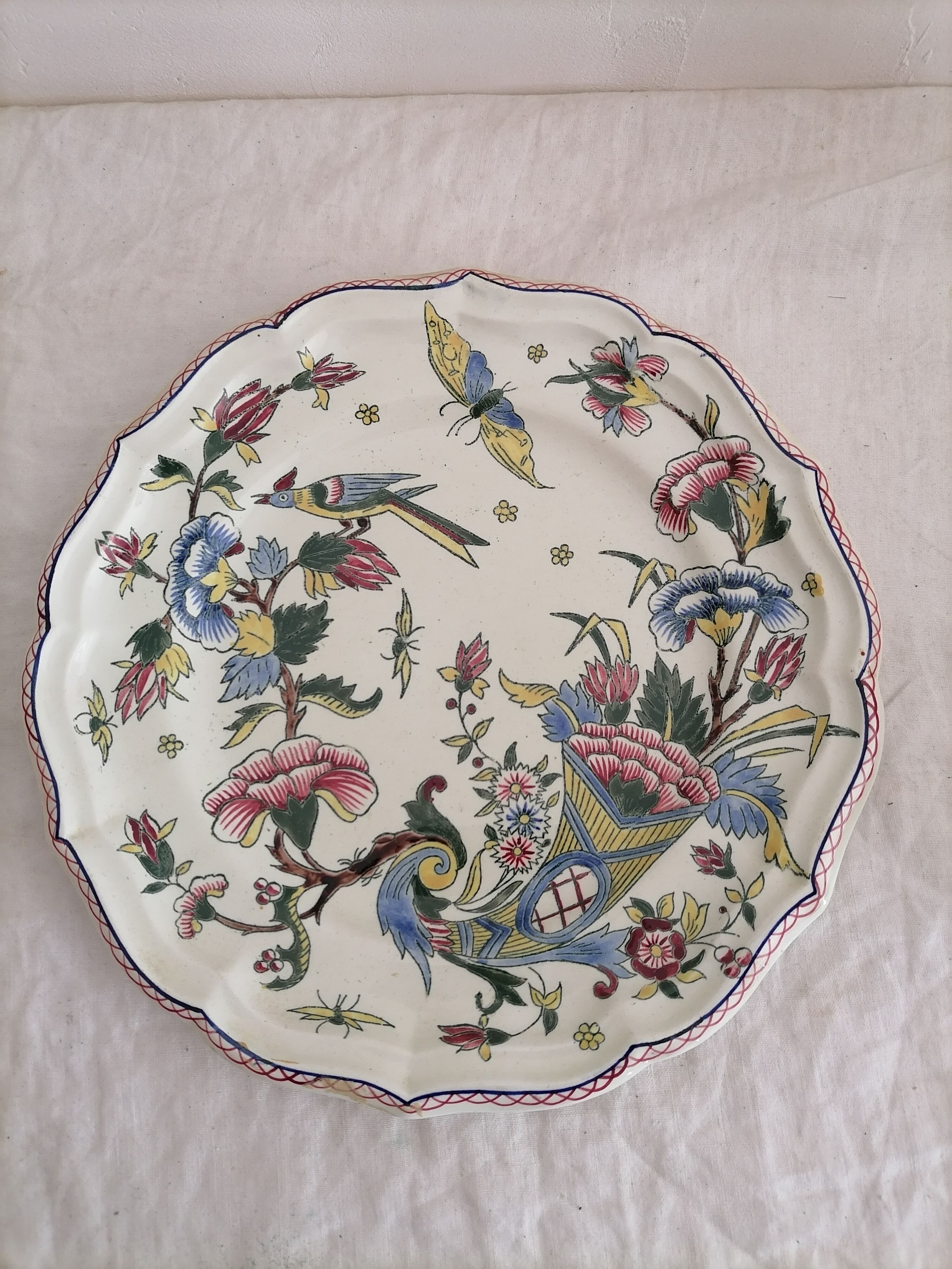 Old earthenware plate of Gien, cornucopia décor