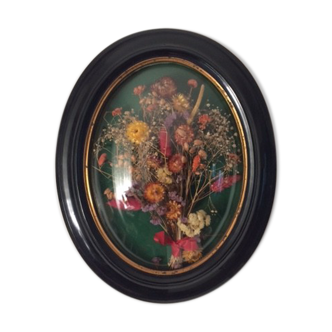 Napoleon III bulging glass wood frame, dried flowers