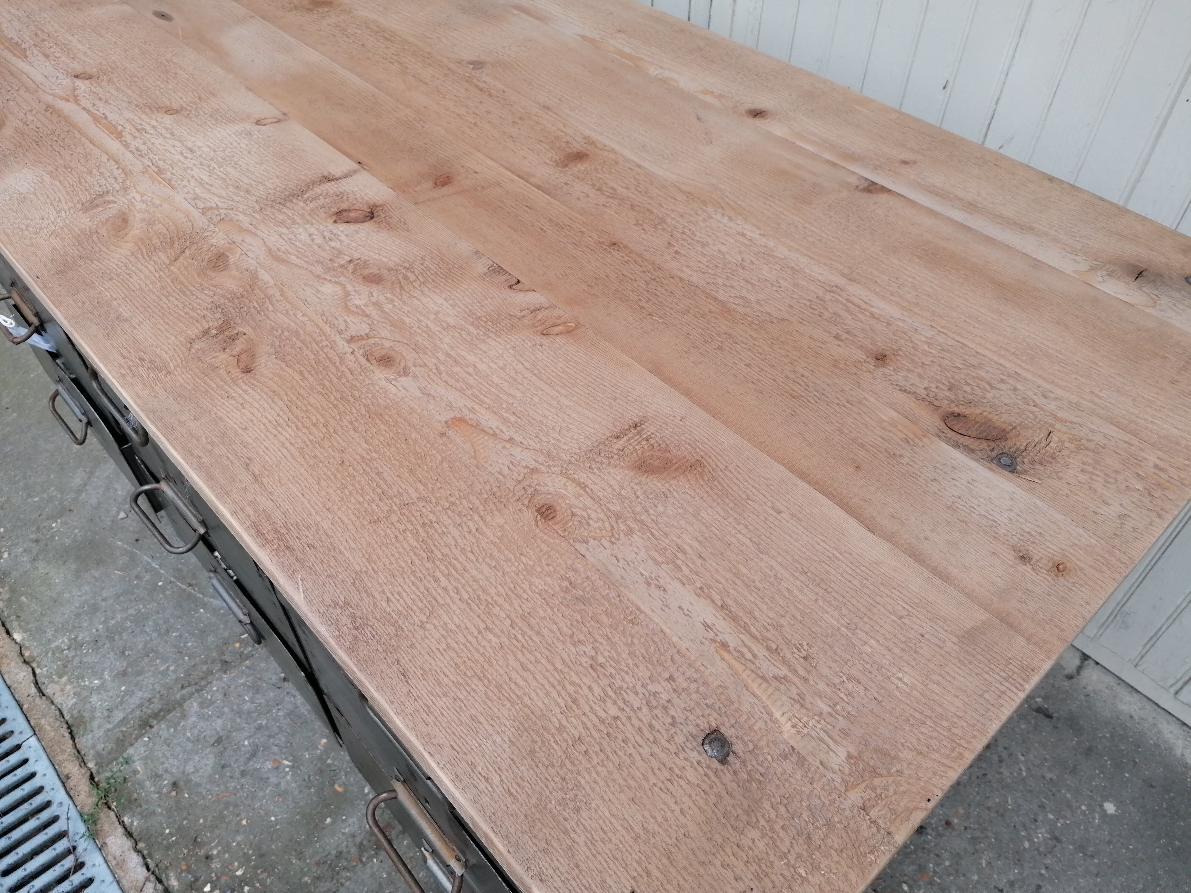 Antique workshop workbench, vintage, metal and wood