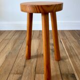Small tripod stool in blond wood pine 60s-70s