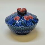 Sarreguemines jam bowl covered sugar in slip majolica cherries