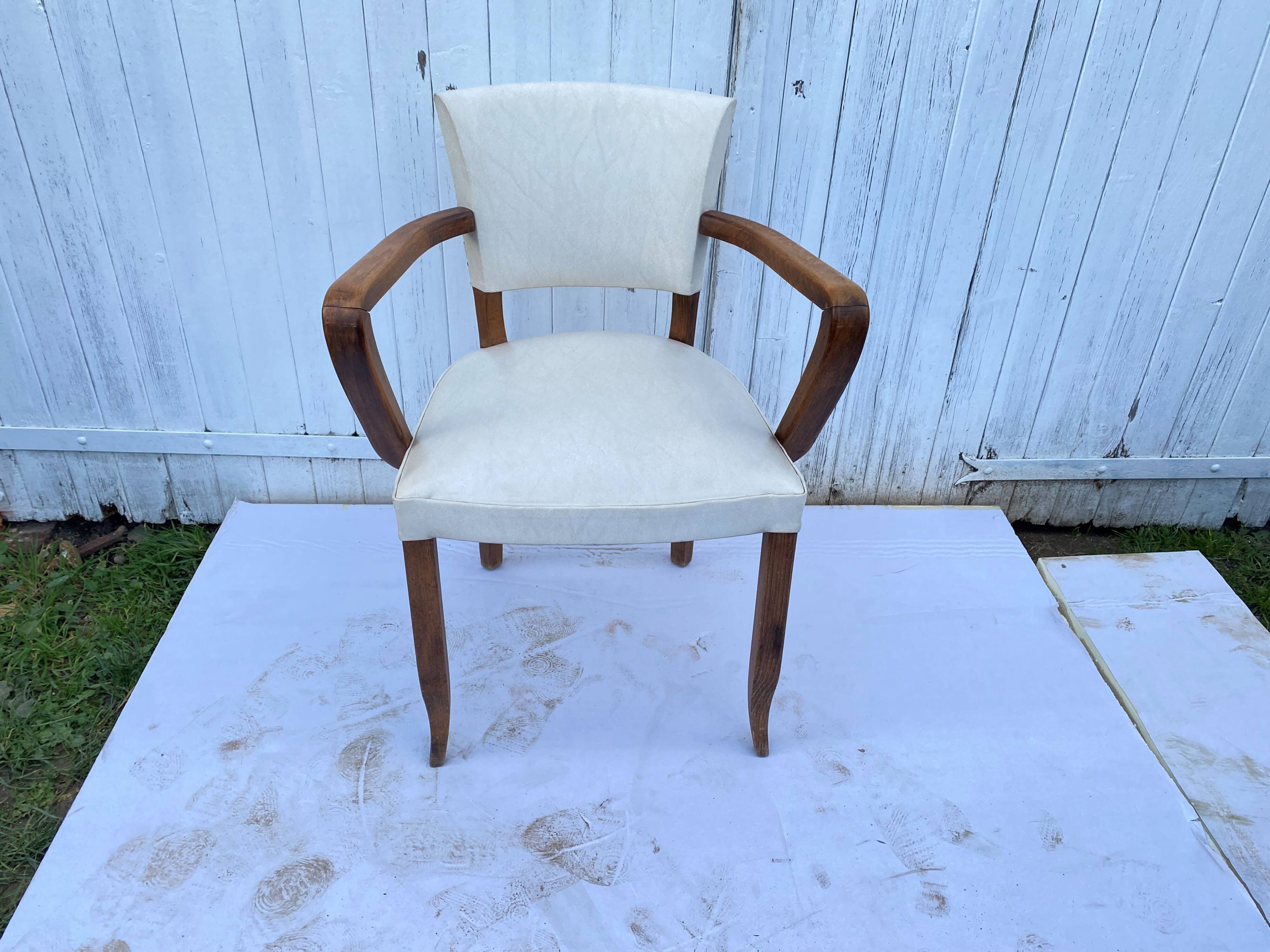 Art deco bridge armchair skai ivory white and solid wood 1930s