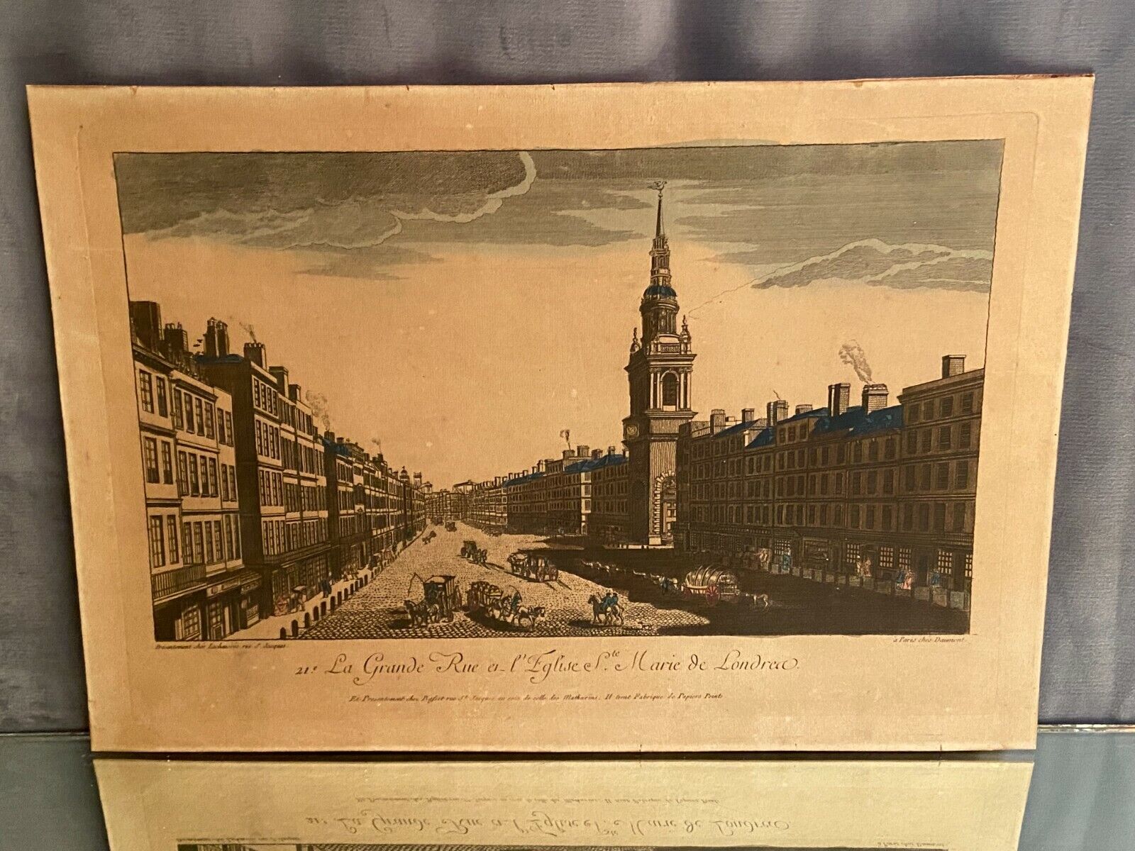 Engraving from optical view The main street and the Church of Sainte Marie Londres