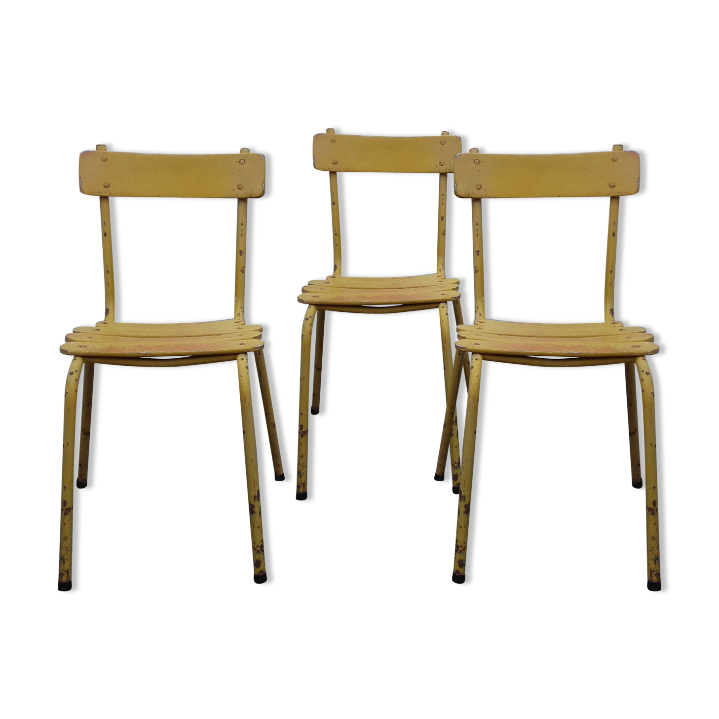 Three wooden and metal bistro chairs