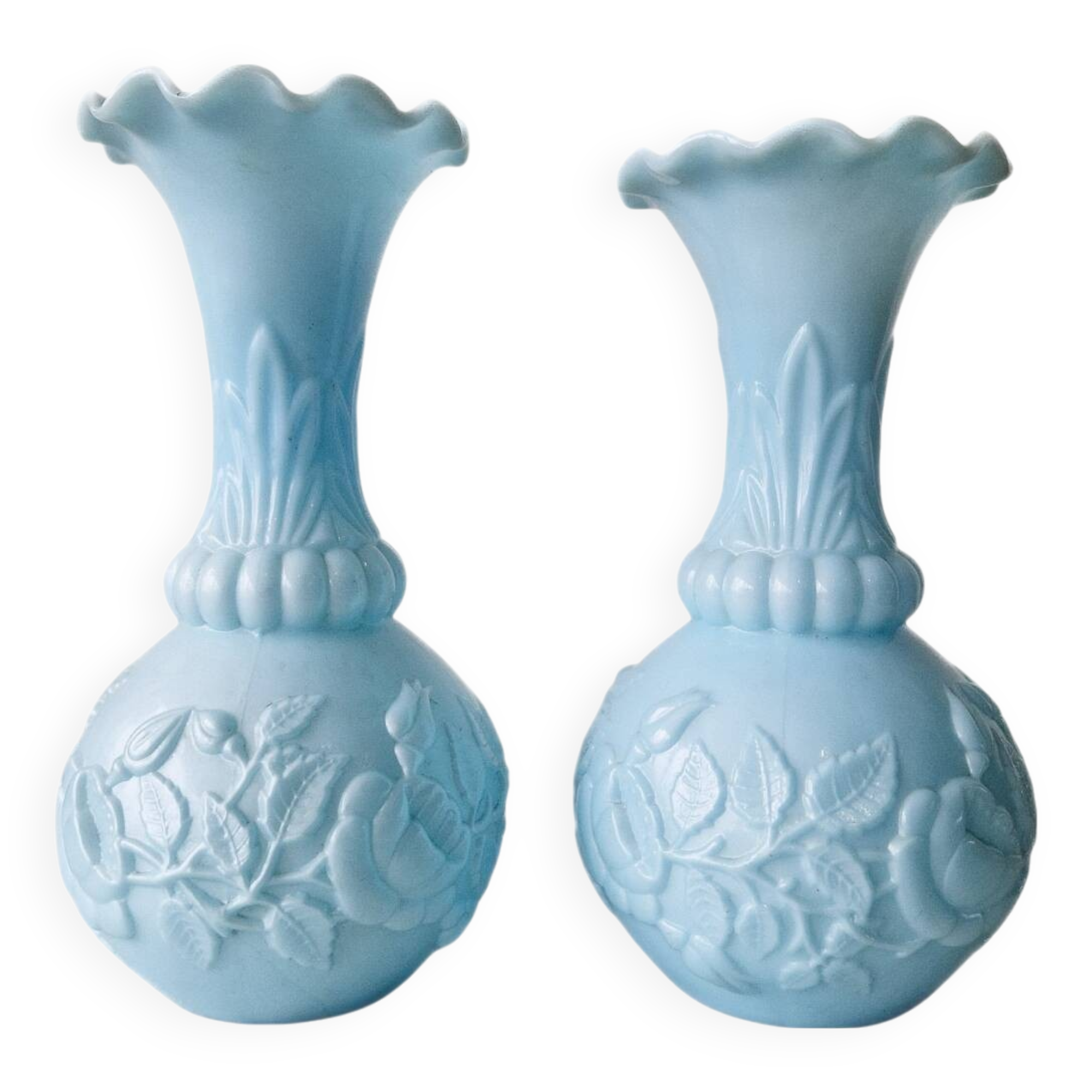 Pair of blue opaline vases from Vallérysthal Portieux decorated with roses