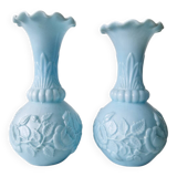 Pair of blue opaline vases from Vallérysthal Portieux decorated with roses
