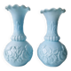Paire de vases en opaline de foire bleue Vallérysthal Portieux à décor de roses