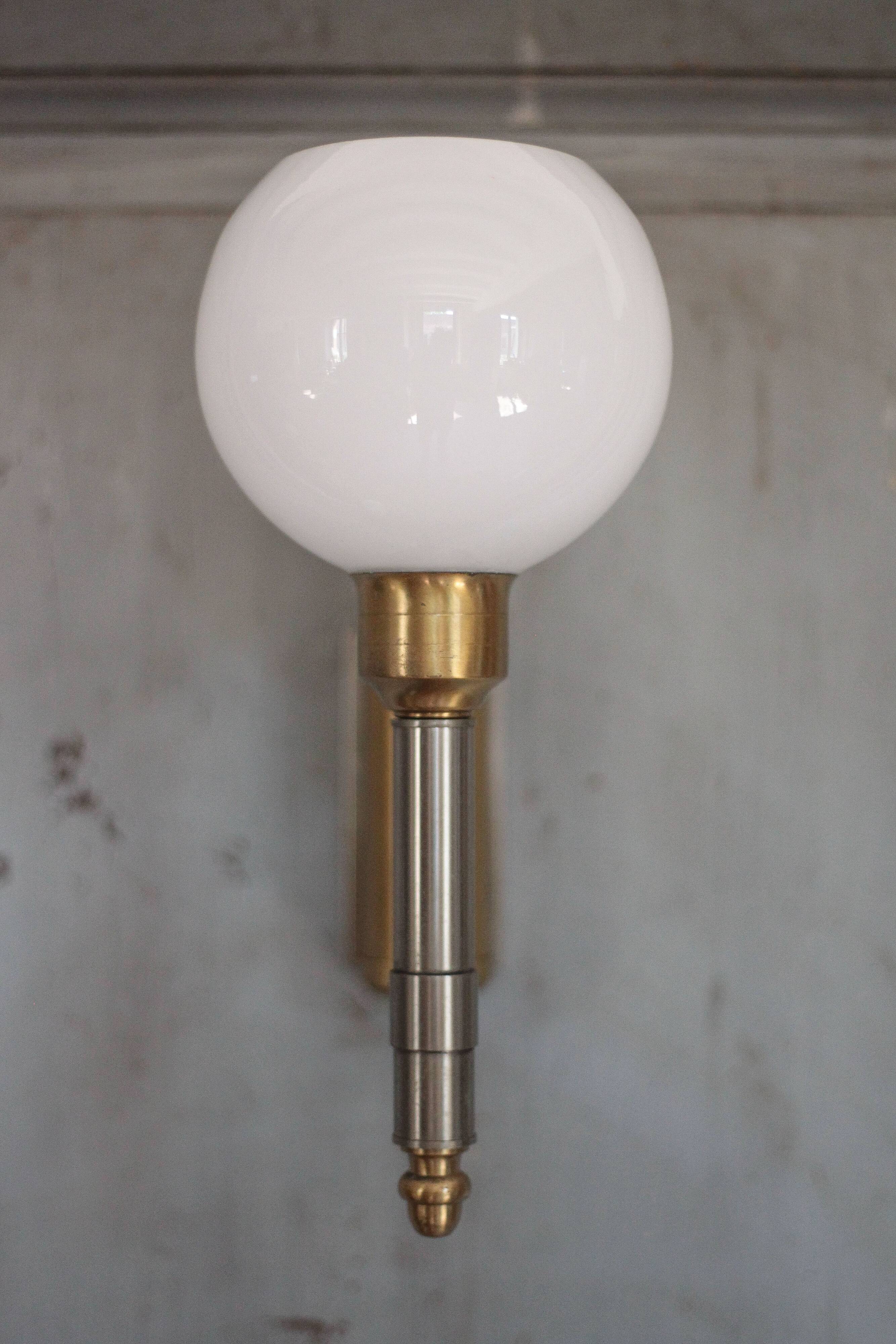 Pair of brass and white opaline wall lights, vintage wall light