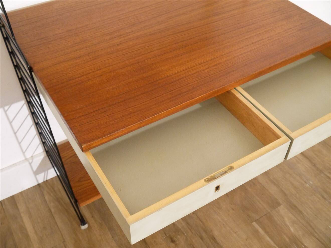 Teak wall-mounted shelf/desk, string design 1960