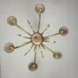 Venetian chandelier in beige/gray murano glass bordered with a red net