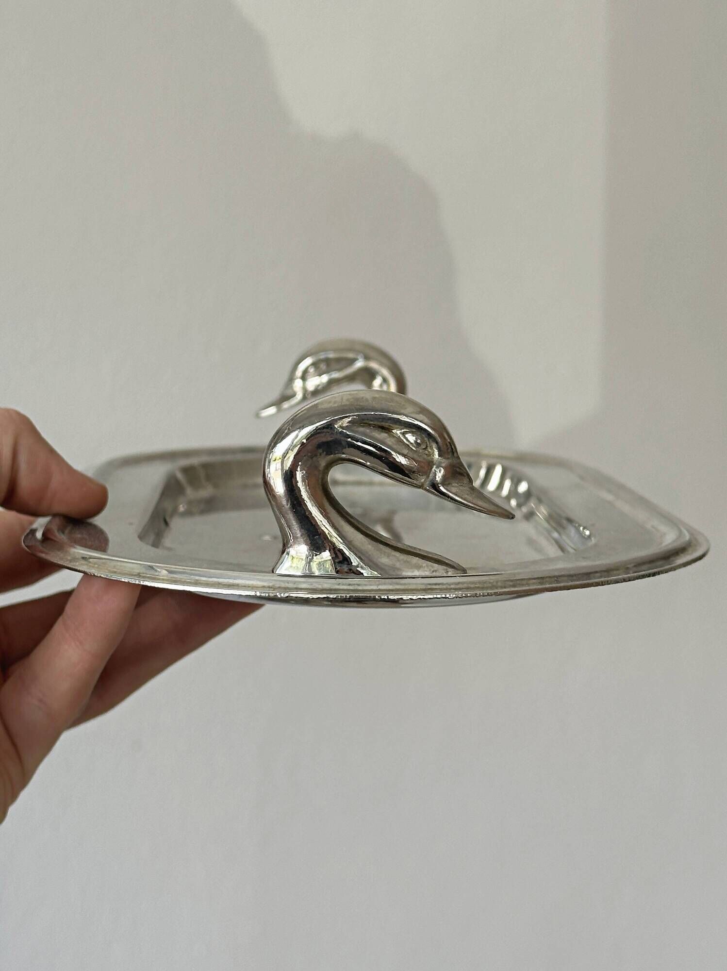 Vintage stainless steel dish with goose head handles serving tray