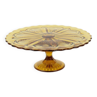 Bol à Gâteau Vintage Orange Ambre Bol de Présentation Verre Pressé 27cm