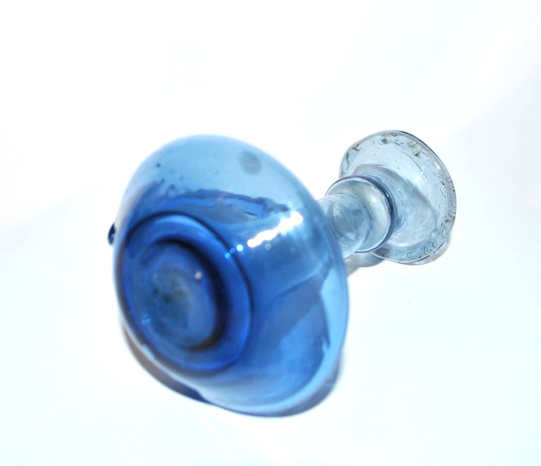 Antique candle holder in blue blown glass ras de cave folk art 19th c.