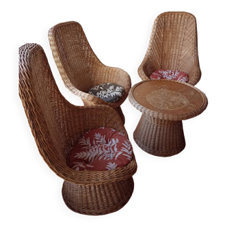 Rattan garden furniture set consisting of 3 armchairs and matching table
