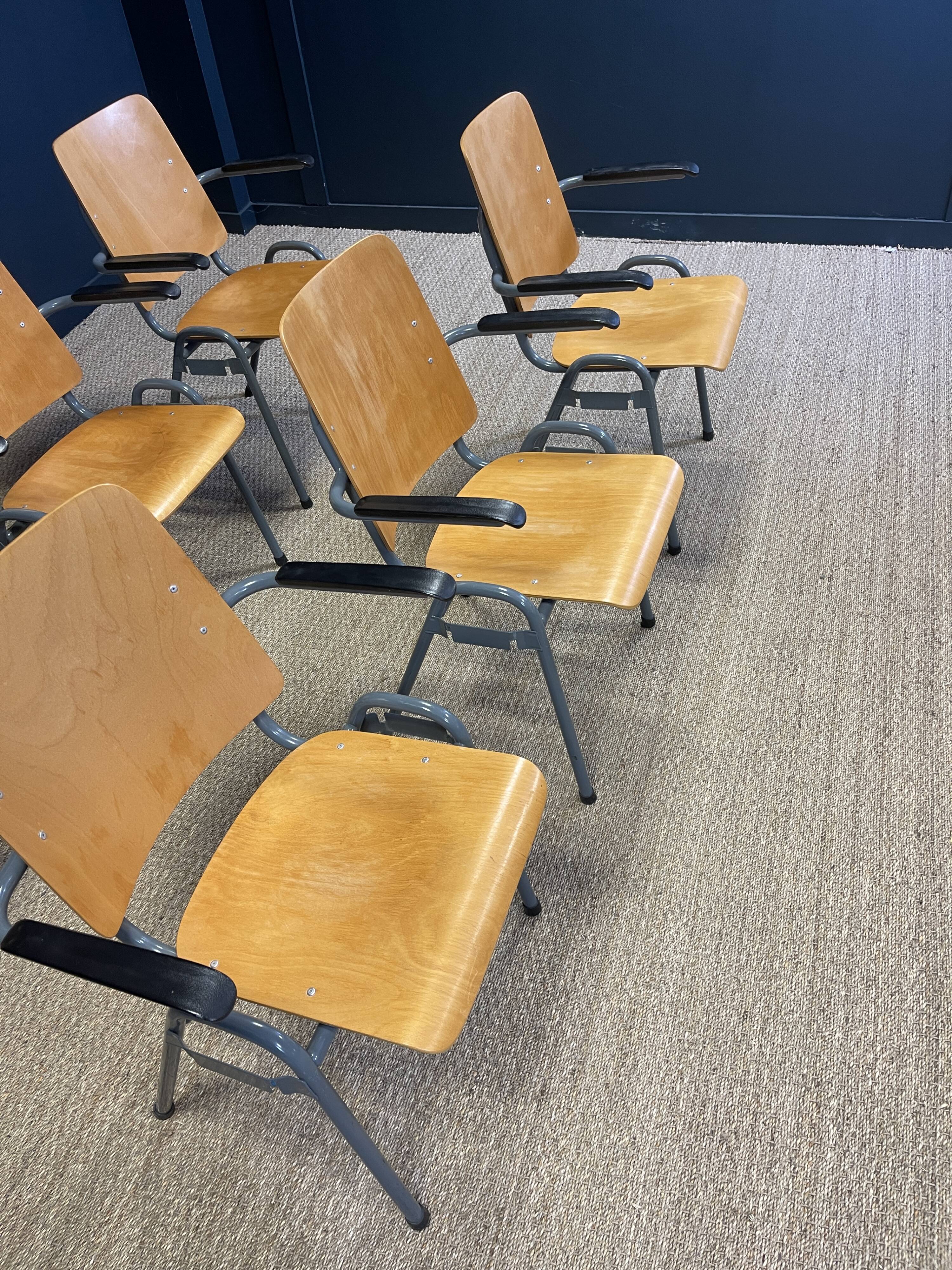 Set of 6 school armchairs with high wooden backs and anthracite grey legs, Netherlands