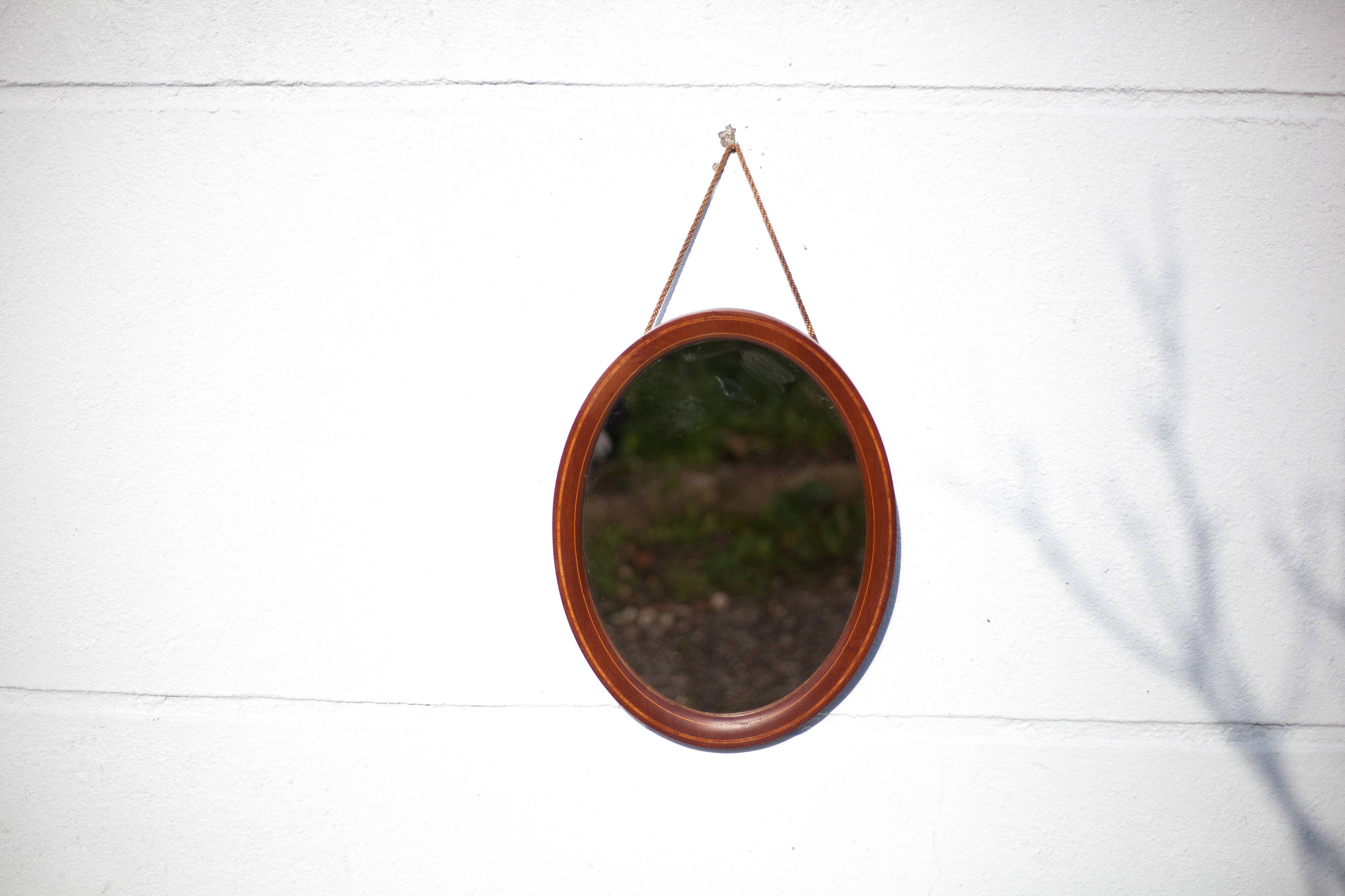 Miroir oval vintage, miroir à suspendre, miroir bois marqueté , miroir mural, décoration murale