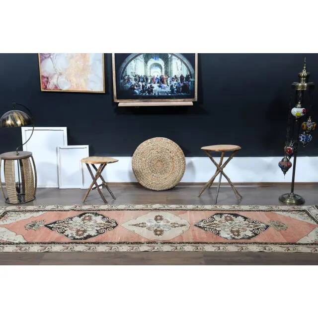 Orange Handmade Wool Turkish Vintage Oushak Runner Rug 94x324