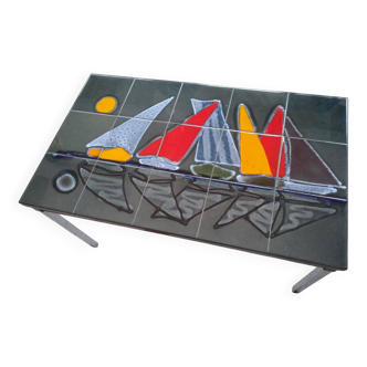 Vallauris Adri ceramic coffee table from the 60s "the sailboats"