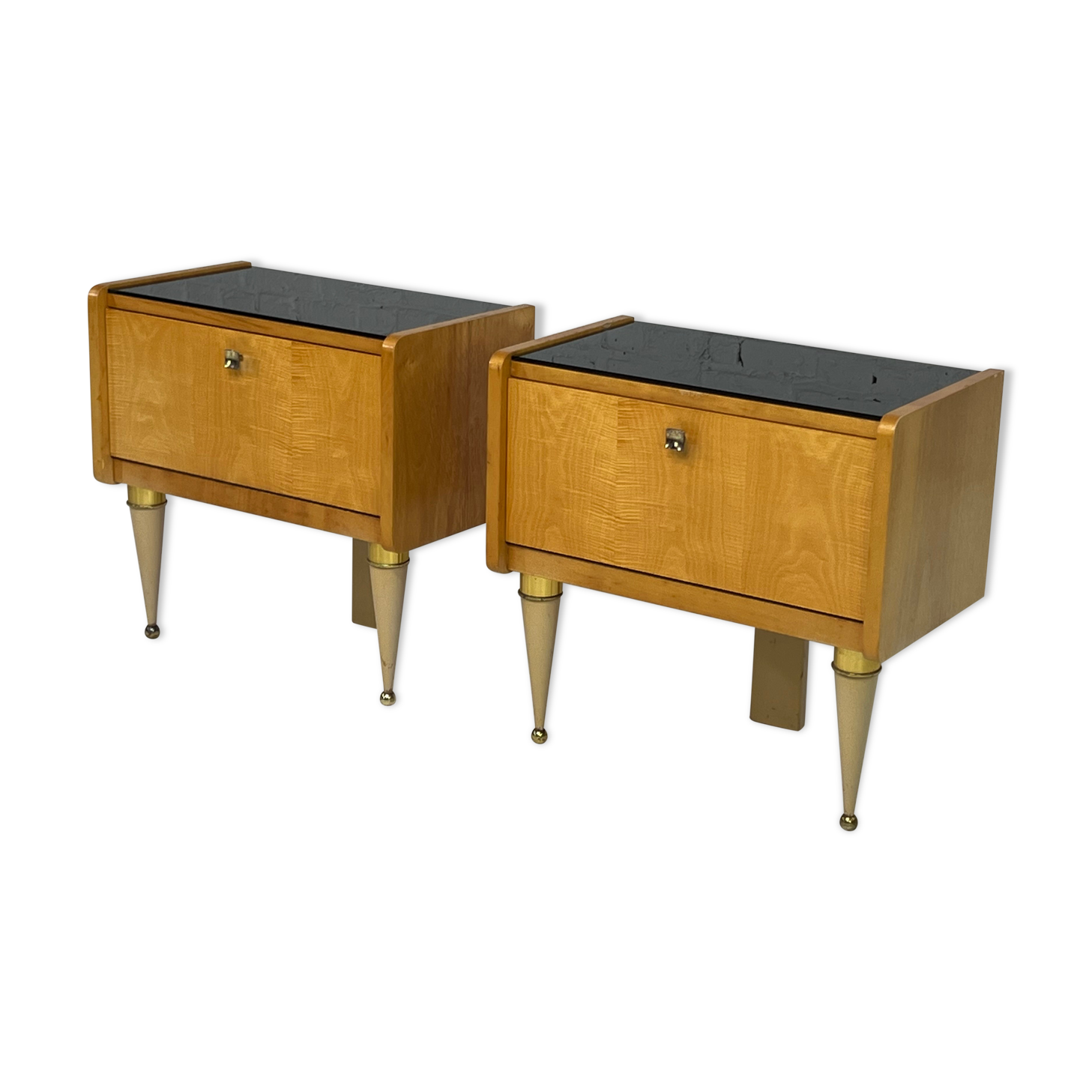 Pair of bedside tables in wood, brass and black glass top