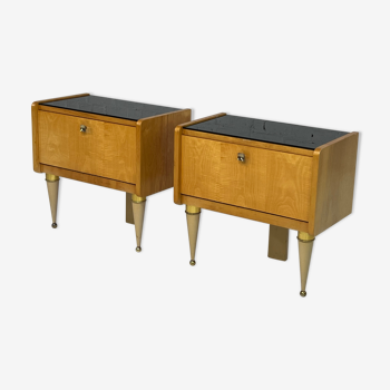 Pair of bedside tables in wood, brass and black glass top