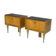Pair of bedside tables in wood, brass and black glass top